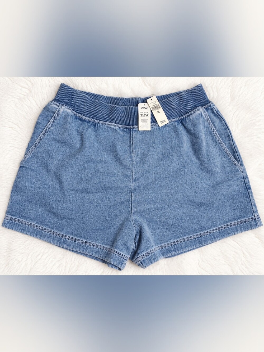 Aerie Denim Look High Waisted Sweat Shorts Blue Size M NWT
